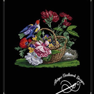 May include: A woven basket filled with colorful flowers, including pink, red, white, and yellow blooms. A blue bird with a red breast sits on the edge of the basket. The basket is on a green grassy surface with a bird's nest and eggs.