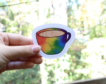 Rainbow Cup of Coffee Stickers, LGBTQ stickers, Easy Peel, Laminated Vinyl, Original Artwork