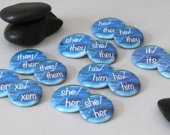 Ocean Blue Pronoun Button- He/Him, She/Her, They/Them, Xe/Xem, She/They, He/They, It/Its, Custom Pronouns, Magnetic/Pinback, 1.25 or 1.5"