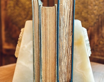 Vintage White/Beige Onyx Stone Bookends with Aztec Medallion