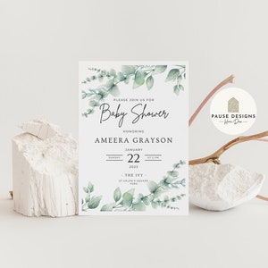 Eukalyptus Greenery Aquarell-Babyparty-Einladung | Umschlag enthalten | Babyparty lädt ein | A5 / A6 lädt | Neutrale Töne