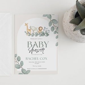 Safari Tier Gender Neutral Babypartyeinladungen | Umschläge enthalten | Babyparty lädt ein | A5 / A6 lädt | Eukalyptus Design
