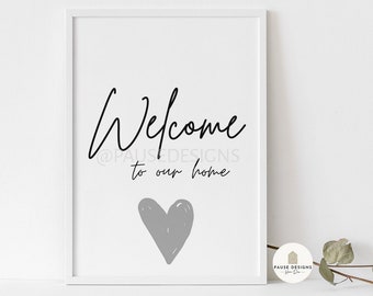 Grey Welcome To Our Home Heart Wall Art Print | UNFRAMED PRINTS | Home Décor | Hallway Prints | Poster | Grey Wall Art Décor | Heart Print