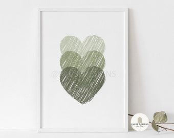 Triple Green Scribble Hearts Wall Art Print UNFRAMED Home Decor Green Heart Poster