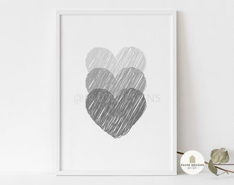 Triple Grey Scribble Hearts Wall Art Print | UNFRAMED PRINTS | Home Décor | Mrs Hinch Inspired Twig Hearts | Grey Heart Print | Poster