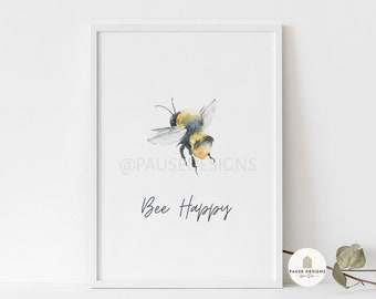 Bee Happy Spring Watercolour Wall Art Print | UNFRAMED PRINT | Home Decor | A3/A4/A5 Prints | New Home Gift