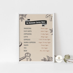 Impressão de arte de parede de menu de café sem sentido | IMPRESSÃO SEM MOLDURA | Impressões A3/A4/A5 | Impressões de decoração para casa | Impressões de cozinha | Impressões de café |