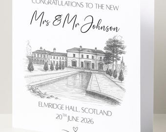 Personalised Wedding Venue Sketch Card Elegant Congratulations Keepsake for the Bride and Groom Luxury Newlywed Gift for Wedding Day