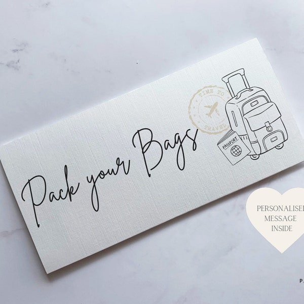 Pack Your Bags Travel Money Wallet Card | Ticket or Cash Envelope Wallet For Gap Year, Surprise Trip Reveal Or Honeymoon | Travel Gift |