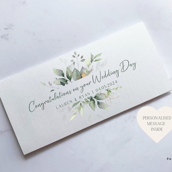 Portefeuille personnalisé en eucalyptus pour le jour du mariage | Carte de mariage | Enveloppe pour espèces | Cadeau de mariage | Carte de félicitations | Cadeau de mariage