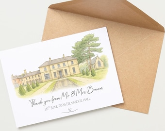 Personalised Wedding Thank You Cards Featuring Your Wedding Venue in Modern Watercolour Sketch Design