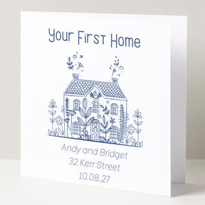 Gepersonaliseerde First Home-kaart met huisbloemenontwerp, aangepaste namen, adres en verhuisdatum aandenken voor nieuwe huiseigenaren