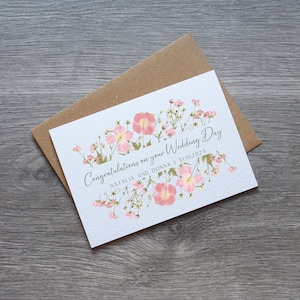 Tarjeta personalizada con flores rosas para felicitaciones por el día de tu boda / Tarjeta para novios / Tarjeta para recién casados / Tarjeta de felicitaciones /