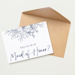 Carte de proposition personnalisée pour demoiselle d'honneur Rôles de mariage personnalisés Enveloppe kraft bleu marine à motif floral