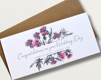 Personalised Scottish Thistle Money Wallet for Weddings Unique Cash Envelope Gift for Newlyweds with Custom Names and Date