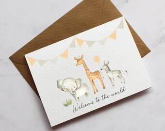 Bienvenido al mundo Safari Animal Nueva tarjeta de bebé / Tarjeta de animales de la selva / Tarjeta de espera / Tarjeta de baby shower / Tarjeta para nuevos padres