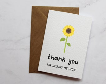 Thank You Teacher Card | Thank You For Helping Me Grow | Sunflower Card | End Of Term | End Of School | Teaching Assistant Nursery Assistant