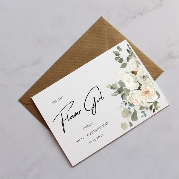 Personalised To Our Flower Girl Wedding Day Card | On Our Wedding Day Card | Eucalyptus & White Rose Bouquet Wedding Card | Flower Girl Card