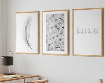 Grey Neutral Wall Art Prints | UNFRAMED PRINT | Set of 3 Prints | Home Decor | A3/A4/A5 Prints | Minimalist Wall Art | Roses Wall Art Print