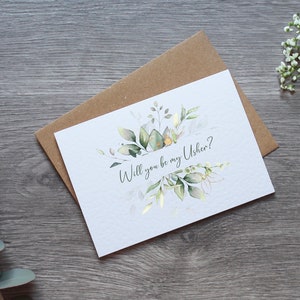 Gepersonaliseerde eucalyptuskaart voor huwelijksaanzoek - Will You Be My? Kaart en envelop | Verschillende trouwrollen beschikbaar