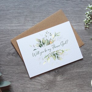Gepersonaliseerde eucalyptus bruiloft bloemenmeisje voorstelkaart - Will You Be My? Kaart en envelop | Verschillende trouwrollen beschikbaar