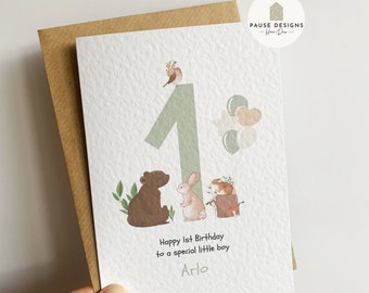 Animal 1st Birthday Card | Personalised Woodland Birthday Card | Card for Special Little Boy