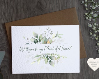 Gepersonaliseerde eucalyptus bruiloft bruidsmeisje voorstel kaart - wil jij mijn zijn? Kaart & envelop | Verschillende trouwrollen beschikbaar