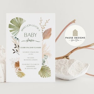 Pampasgras Botanische Babypartyeinladung | Tropischer Druck | Umschlag enthalten | Babyparty lädt ein | A5 / A6 lädt | Neutrale Töne