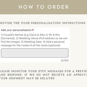 K&ouml;nnte beinhalten: Beige Grafik mit dem Text &bdquo;HOW TO ORDER&ldquo; oben. Darunter sind Personalisierungsanweisungen aufgef&uuml;hrt, einschlie&szlig;lich der Namen des Paares, des Hochzeitsortes und des Datums. Der Text besagt auch, Etsy-Nachrichten auf eine Vorschau zu &uuml;berwachen.