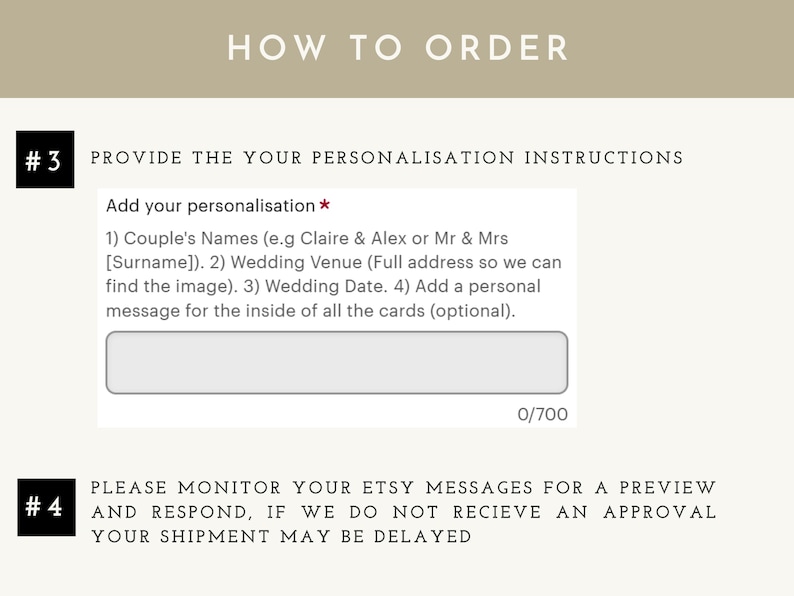 K&ouml;nnte beinhalten: Beige Grafik mit dem Text &bdquo;HOW TO ORDER&ldquo; oben. Darunter sind Personalisierungsanweisungen aufgef&uuml;hrt, einschlie&szlig;lich der Namen des Paares, des Hochzeitsortes und des Datums. Der Text besagt auch, Etsy-Nachrichten auf eine Vorschau zu &uuml;berwachen.