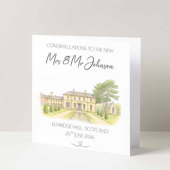 Personalised Wedding Venue Watercolour Card Elegant Congratulations Keepsake for the Bride and Groom Luxury Newlywed Gift for Wedding Day