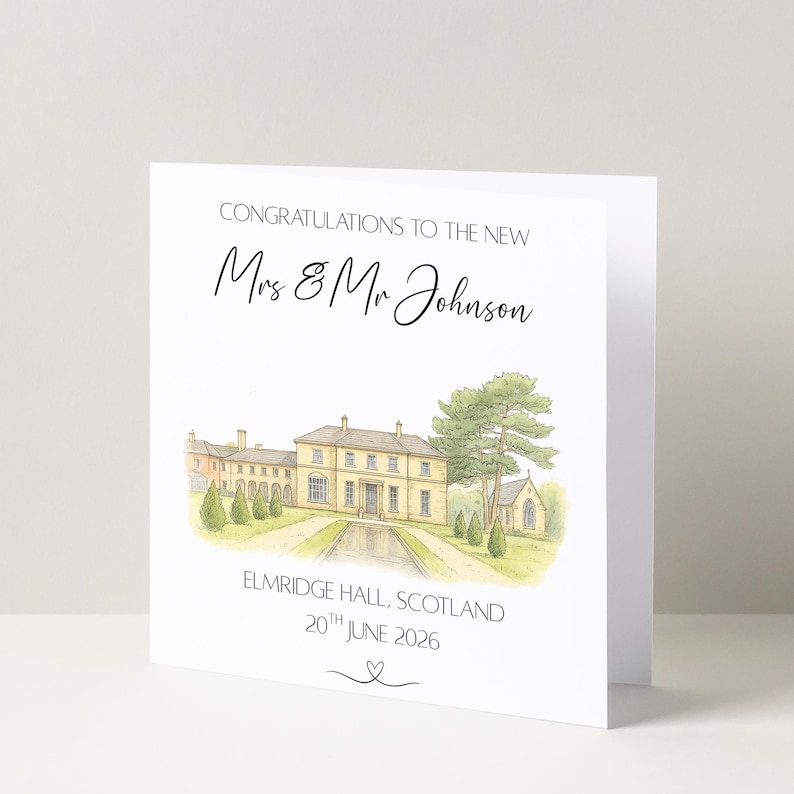May include: A white wedding card with the text "CONGRATULATIONS TO THE NEW Mrs & Mr Johnson". The card features a watercolor illustration of a stately building, with the text "ELMRIDGE HALL, SCOTLAND 20TH JUNE 2026".