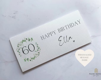Personalisierter Eukalyptus-Geldumschlag zum 60. Geburtstag Benutzerdefinierte Geldtasche mit herzlicher Nachricht Einzigartiges Meilensteingeschenk