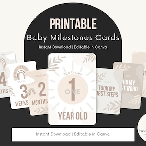 Cartes d'étape minimalistes pour bébés – Modèle canva modifiable | Téléchargement numérique | Les premières premières images de bébé et les étapes clés de son âge