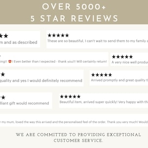 May include: Image featuring customer reviews with a 5-star rating. The text reads "OVER 5000+ 5 STAR REVIEWS" and includes positive feedback like "Great item and as described" and "Beautiful item, arrived super quickly!"