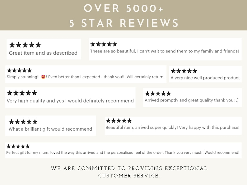 May include: Image featuring customer reviews with a 5-star rating. The text reads "OVER 5000+ 5 STAR REVIEWS" and includes positive feedback like "Great item and as described" and "Beautiful item, arrived super quickly!"