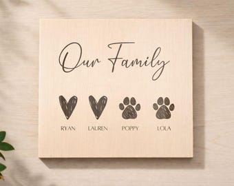 Könnte beinhalten: Ein helles Holzschild mit dem Schriftzug "Our Family" in Schreibschrift. Darunter befinden sich zwei Herzformen und zwei Pfotenabdrücke, jeweils mit einem Namen: Ryan, Lauren, Poppy und Lola.