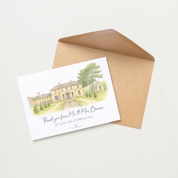Personalised Wedding Thank You Cards Featuring Your Wedding Venue in Modern Watercolour Sketch Design