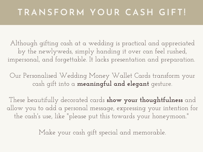 a wedding gift card with the words, transform your cash gift