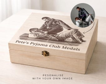 Personalisierte Medaillen-Erinnerungsbox | Maßgeschneiderte Holz graviert Jiu Jitsu, Martial Arts Geschenk