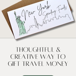 May include: A white card with the text "New York Spending Funds" and a line drawing of the Statue of Liberty and the New York City skyline. The card is on a brown envelope.