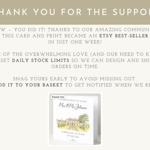 May include: A greeting card with a watercolor illustration of a stately home, labeled "Congratulations to the New Mr & Mrs Johnson." The card is set against a neutral background with text that reads "Thank you for the support."