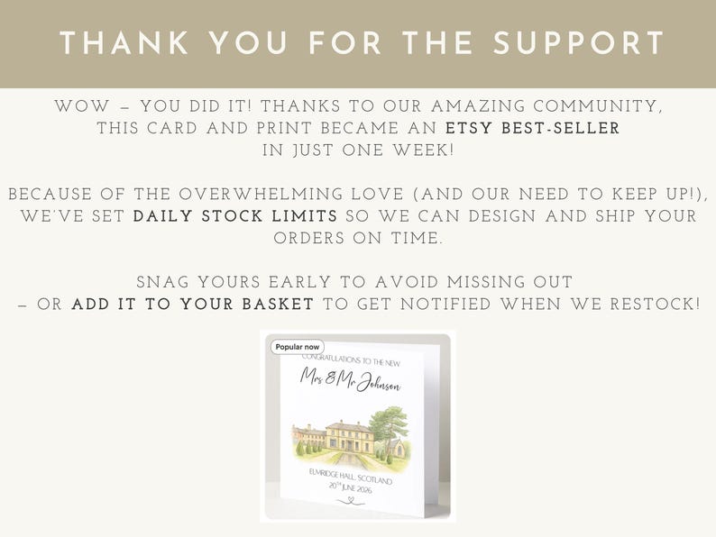 May include: A greeting card with a watercolor illustration of a stately home, labeled "Congratulations to the New Mr & Mrs Johnson." The card is set against a neutral background with text that reads "Thank you for the support."