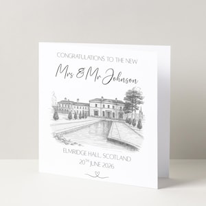 Personalised Wedding Venue Sketch Card Elegant Congratulations Keepsake for the Bride and Groom Luxury Newlywed Gift for Wedding Day