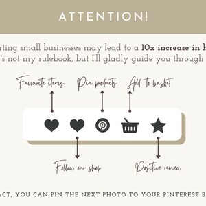 May include: A beige graphic with the word "ATTENTION!" at the top. It includes instructions to support small businesses, with icons for favorite items, pin products, add to basket, and positive review.