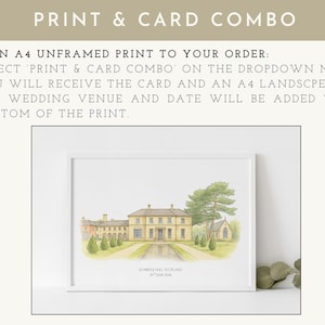 May include: A framed watercolor print of a stately yellow building with a long driveway and surrounding greenery. The print includes the text "PRINT & CARD COMBO" and instructions for ordering. The bottom of the print includes the text "Bannockburn Hall, Scotland 20th June 2026."