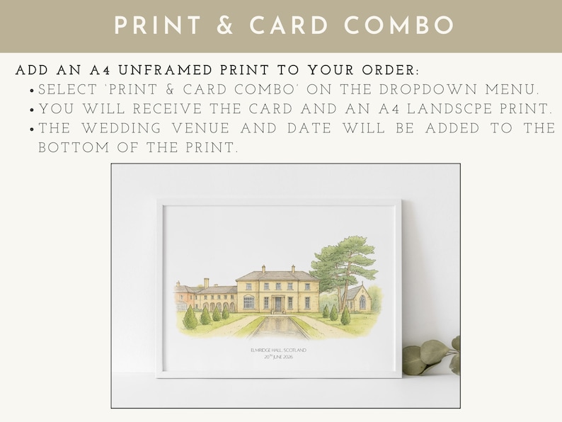 May include: A framed watercolor print of a stately yellow building with a long driveway and surrounding greenery. The print includes the text "PRINT & CARD COMBO" and instructions for ordering. The bottom of the print includes the text "Bannockburn Hall, Scotland 20th June 2026."