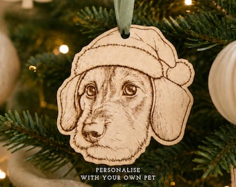 Personalized Dog Christmas Decoration | Custom Wooden Pet with Santa Hat, Rustic Scandinavian Holiday Decor