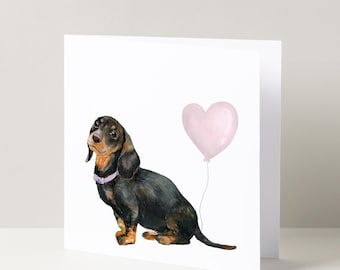Dachshund Balloon Greetings Card, Birthday Card, Celebrations Card, Dachshund Lover, Dog Lover Card, Sausage Dog Birthday Card