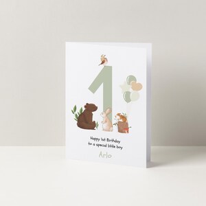 1st Birthday Card for Special Little Boy Personalised Woodland Animal Design with Cute Bear Rabbit Mouse Custom Name Sage Green Number One
